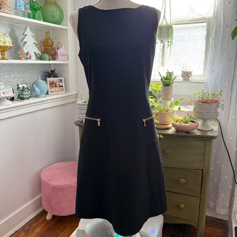Andrew Marc Black Sleeveless A-Line Dress with Gold Zipper Accents